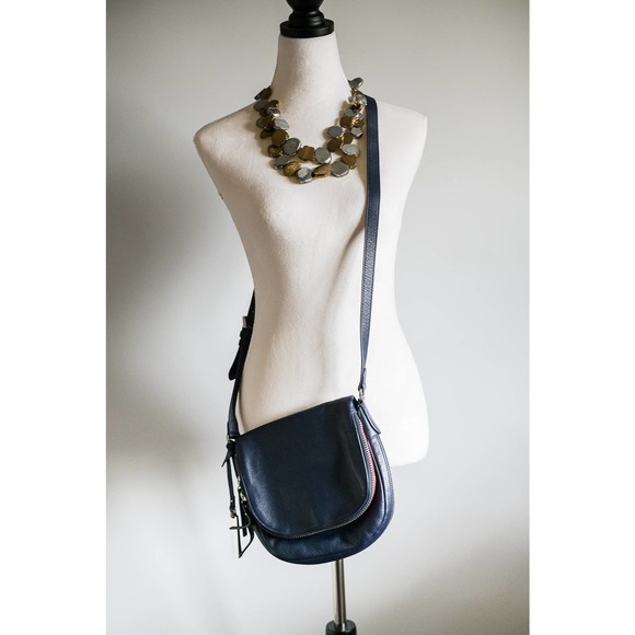 Preowned Navy Leather Vince Camuto Crossbody Bag with Red and Silver Details - Picture 1 of 7